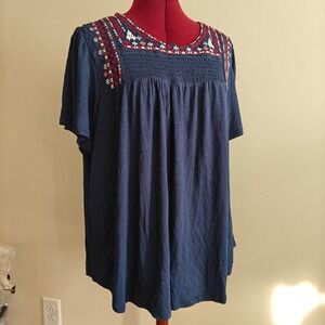 Knox Rose Top Navy Blue Embroidered Smocked Peasant Women's XL Short Sleeve